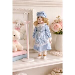 Vintage Bo Peep Porcelain Doll Blue Dress Shepherd Hook Stand Original Package